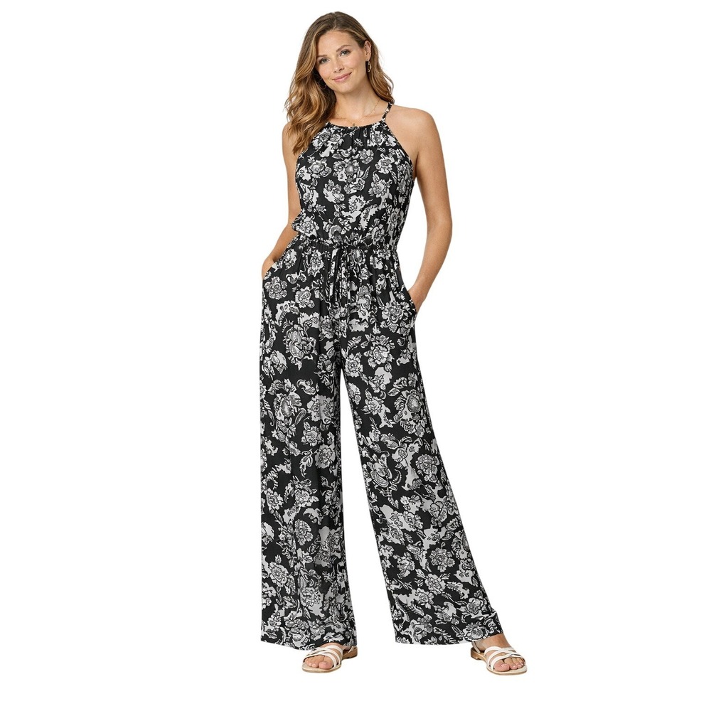 London Times Halter Jumpsuit Women‎ Sz. 10 White Black Floral One Pc.